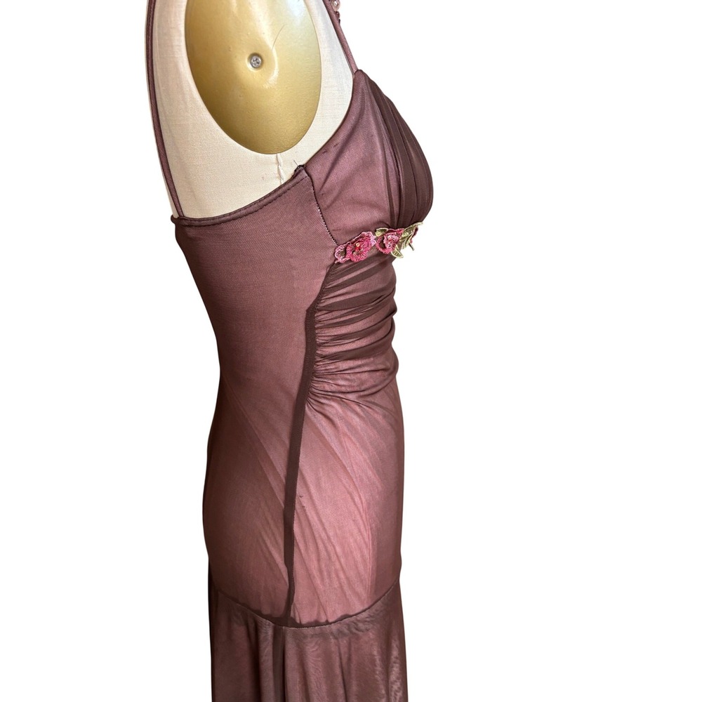 Y2K CityTriangles Embroidered Ruched Mesh Mermaid Maxi Dress S Brown Pink - Picture 5 of 10